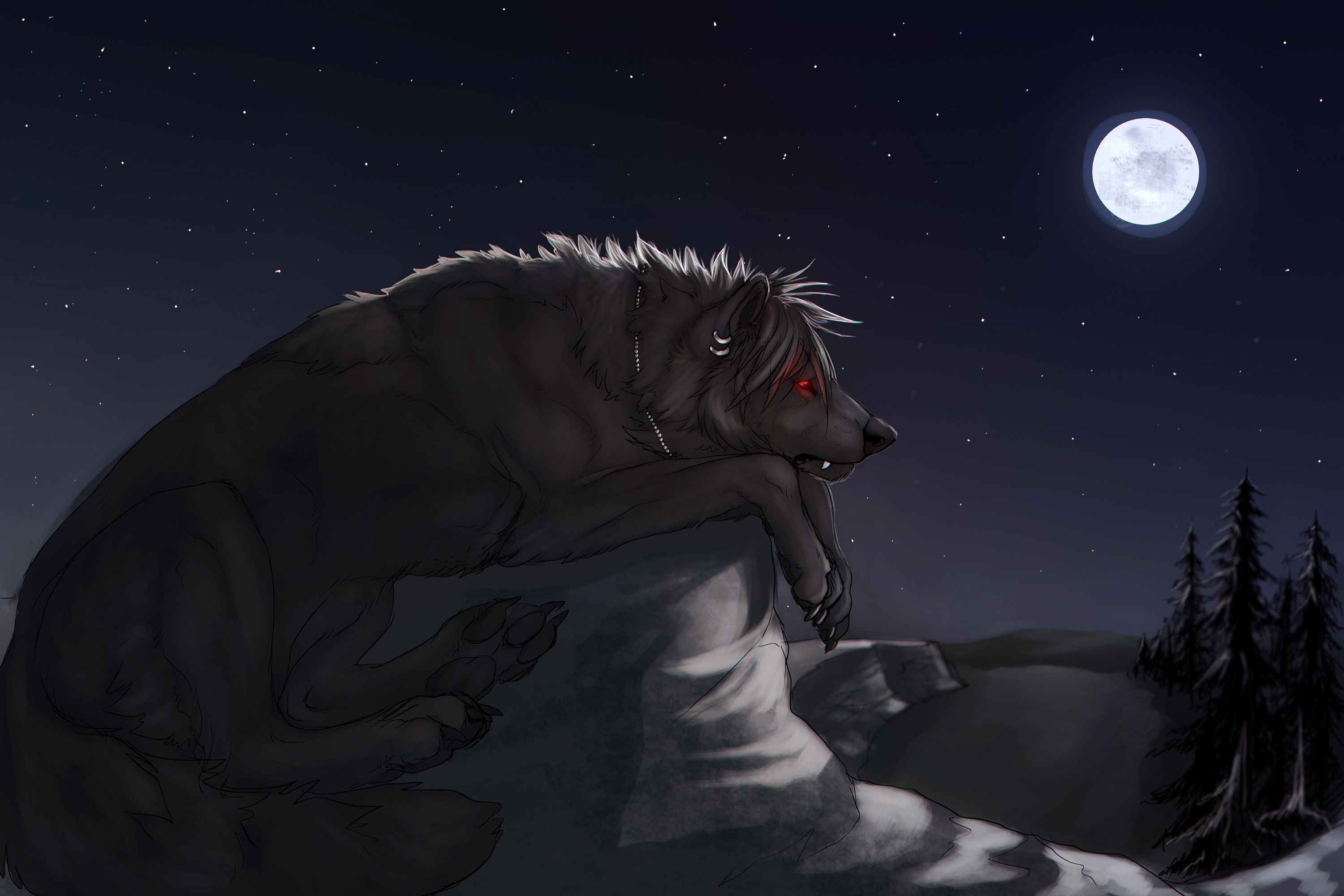 Волк пытающийся съесть луну. Оборотень. Волк в ночи. Волк фэнтези.