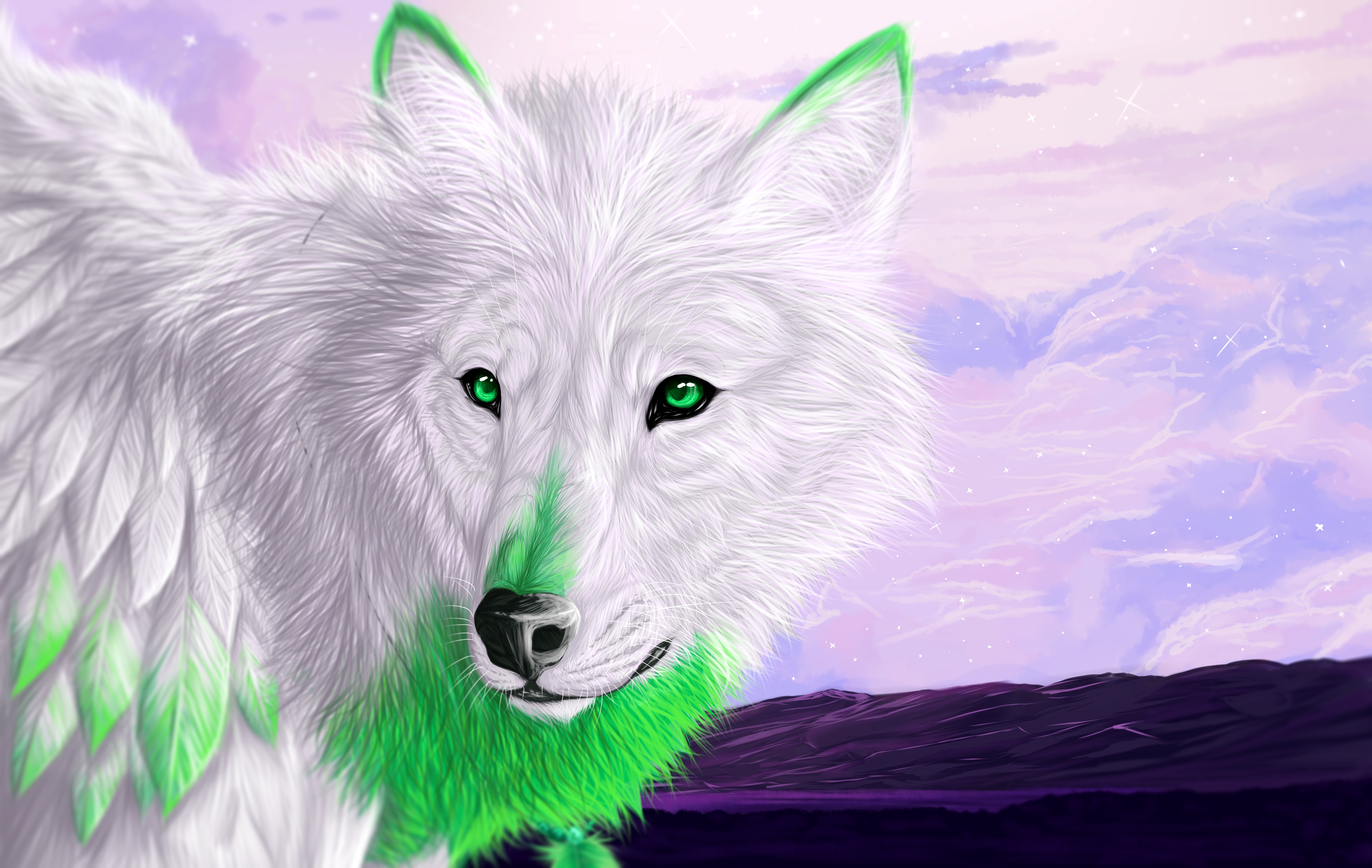 Обои Белый волк с зелеными глазами.