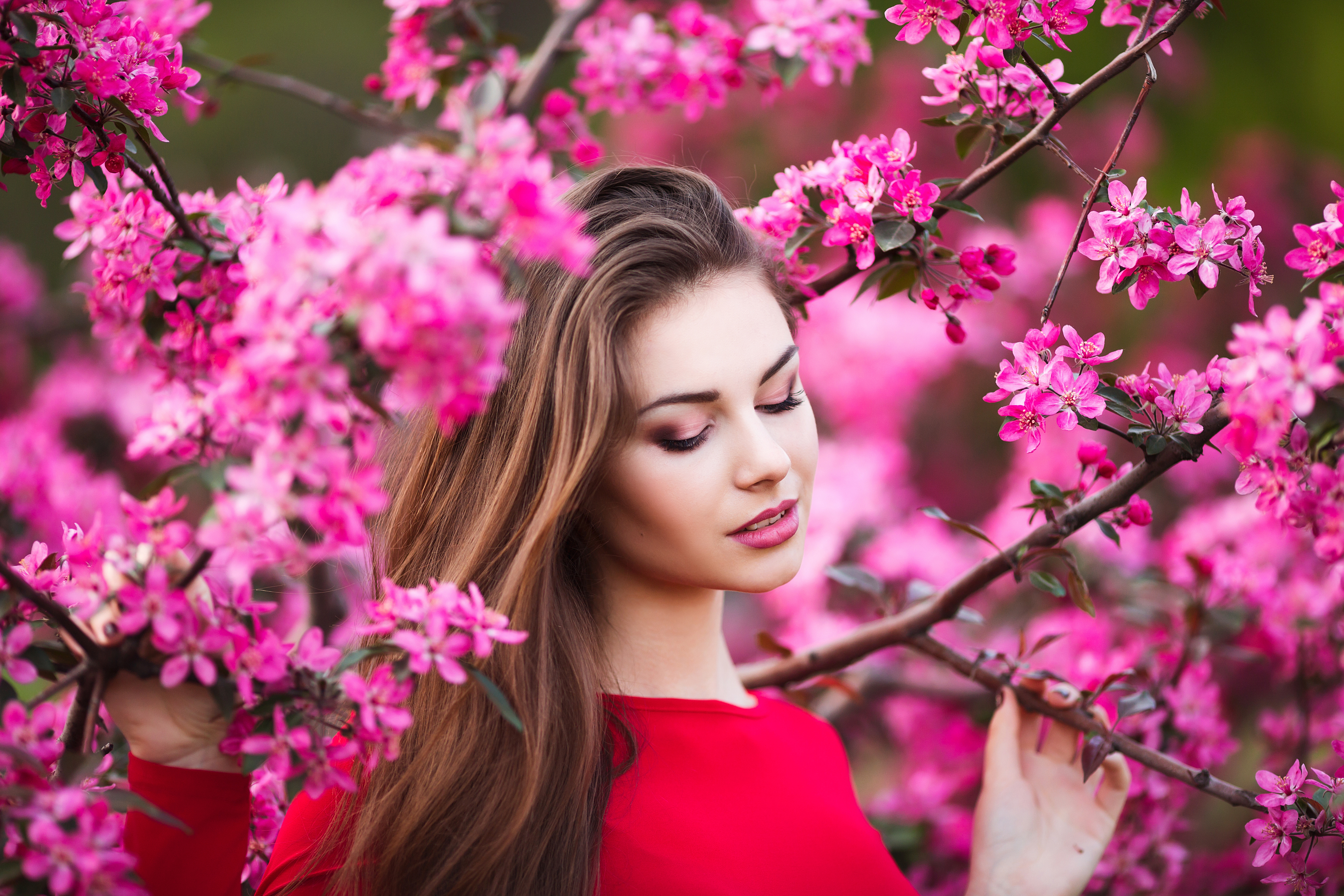 Wallpaper Beautiful gentle brown-haired woman with blooming pink flowers.