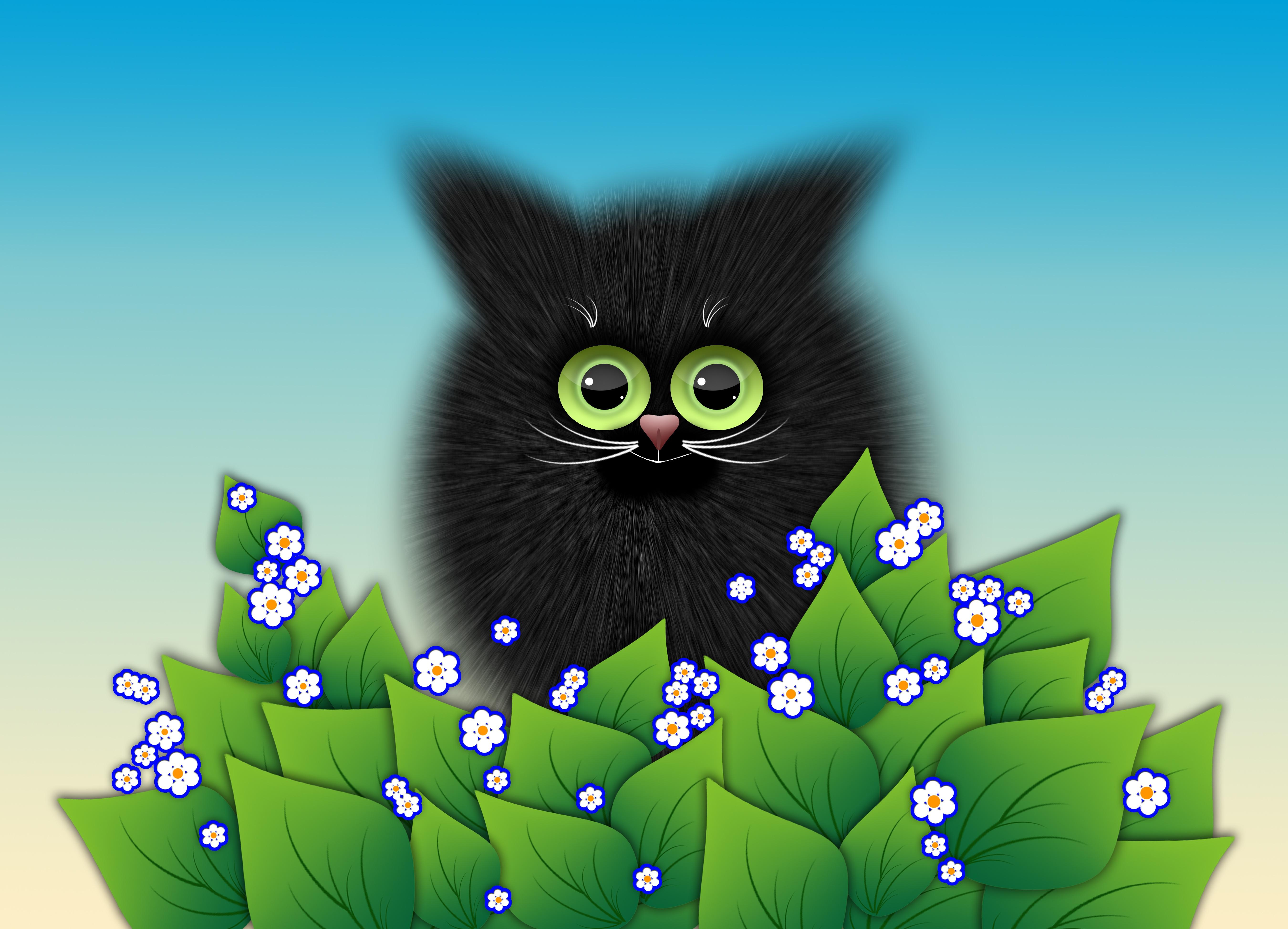 Черный котенок с цветочком