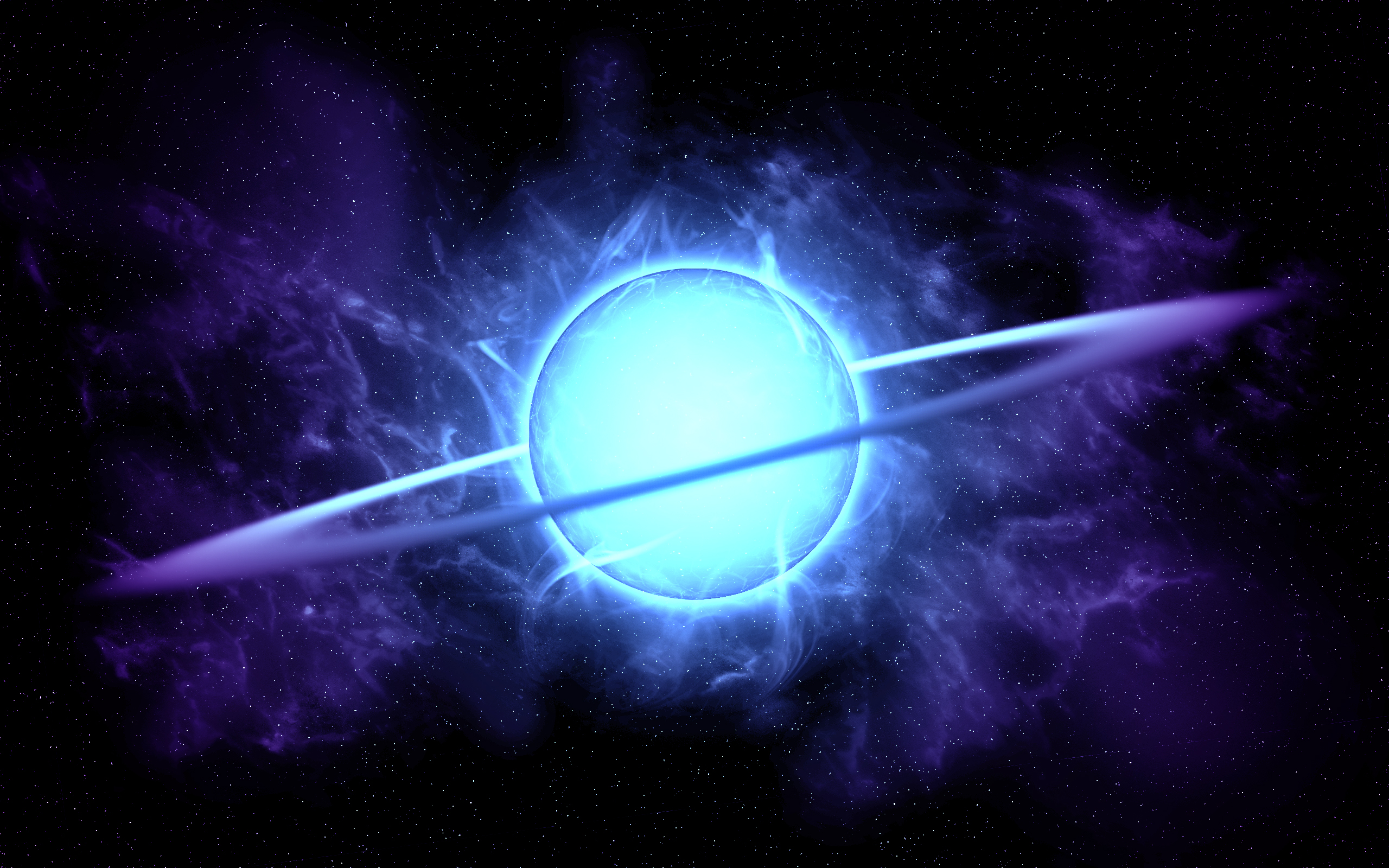 Wallpaper Blue neon planet with a ring in the dark sky » On-desktop.com