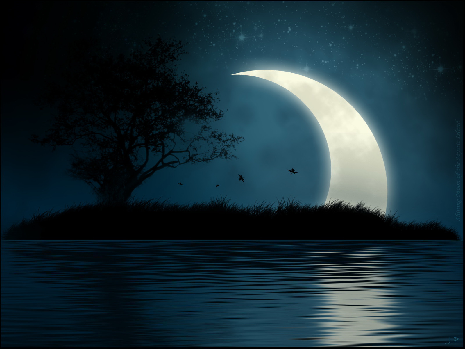 Незабываемый месяц. Лунная ночь. Ночной пейзаж. Луна. Ночной пейзаж с луной.