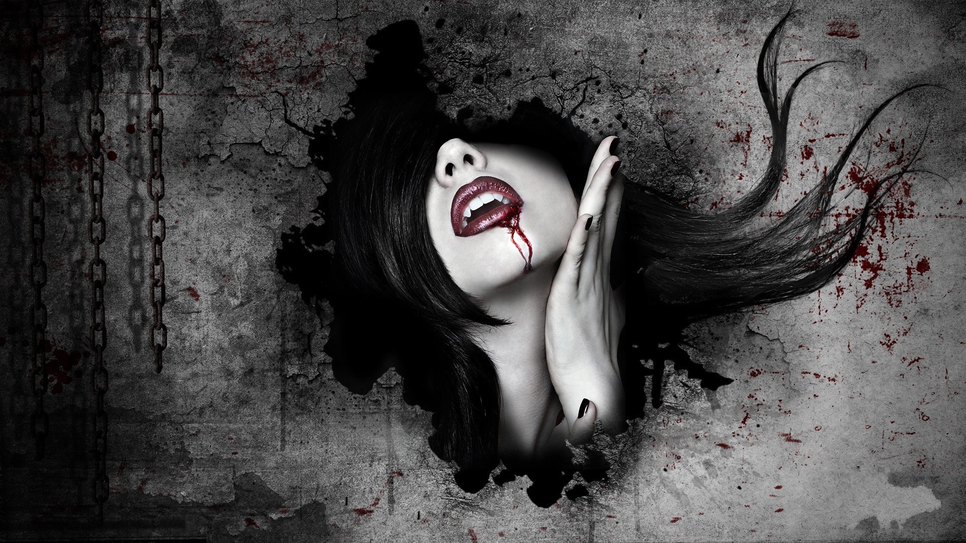 Обои Кровь на губах у девушки вампира.