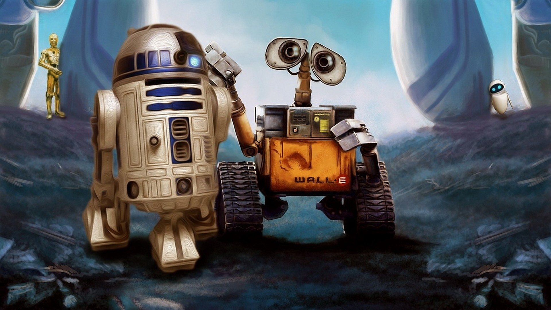 Обои Роботы R2-D2 и Wall-E.